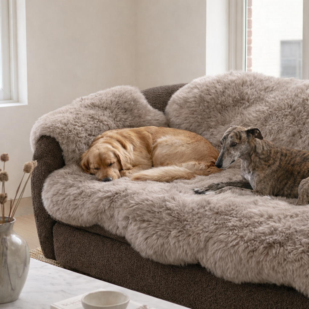 Genuine Beige Sheepskin Couch Cover for Dogs — Natural Sofa Protector (Plastic-Free)