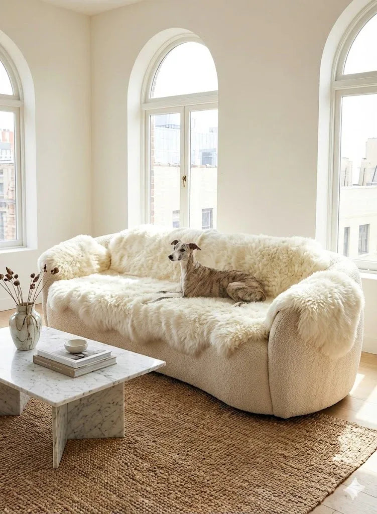 Genuine Ivory Sheepskin Couch Cover for Dogs — Natural Sofa Protector (Plastic-Free)